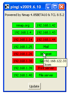 Screenshot of Pingi, the nmap GUI for ping scanning
