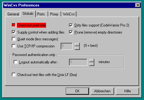 WinCVS-Preferences/Globals-Menü