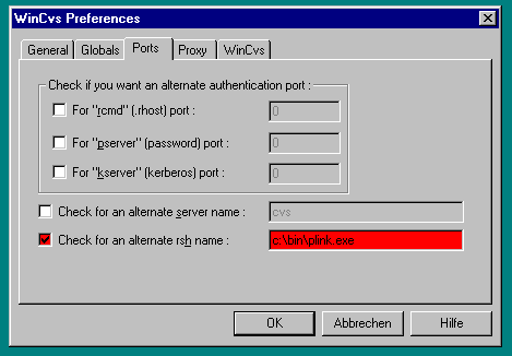 WinCVS-Preferences/Ports-Menü